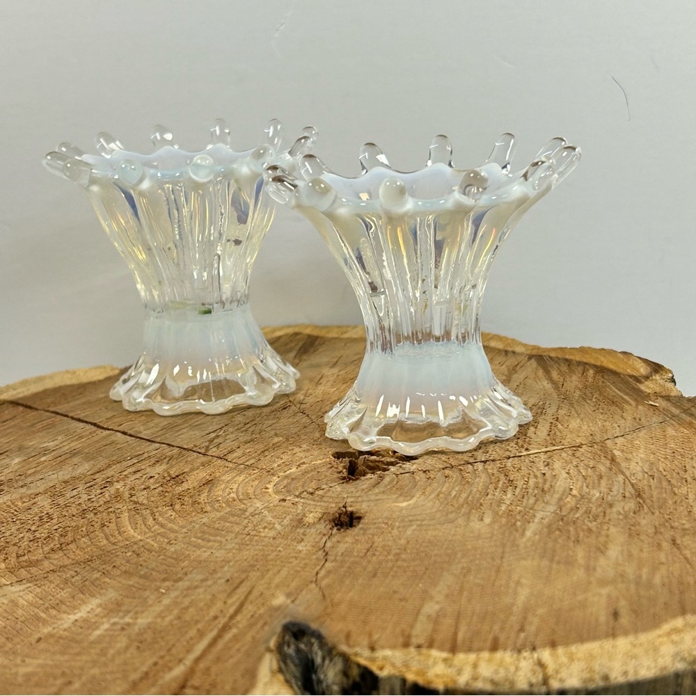 Vintage Fostoria Opalescent WHITE‎ w/ Blue Undertone Candlestick Holders 3"